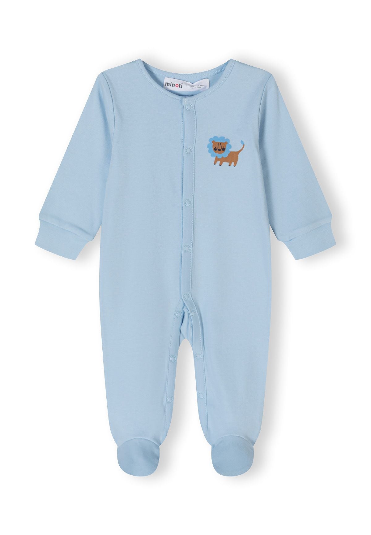 Light blue long sleeve sleepsuit for boys with front press studs and integrated feet.