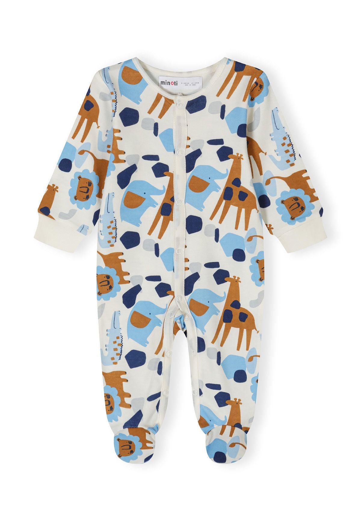 Light blue long-sleeve sleepsuit for boys with animal print, front press studs, and integrated feet.