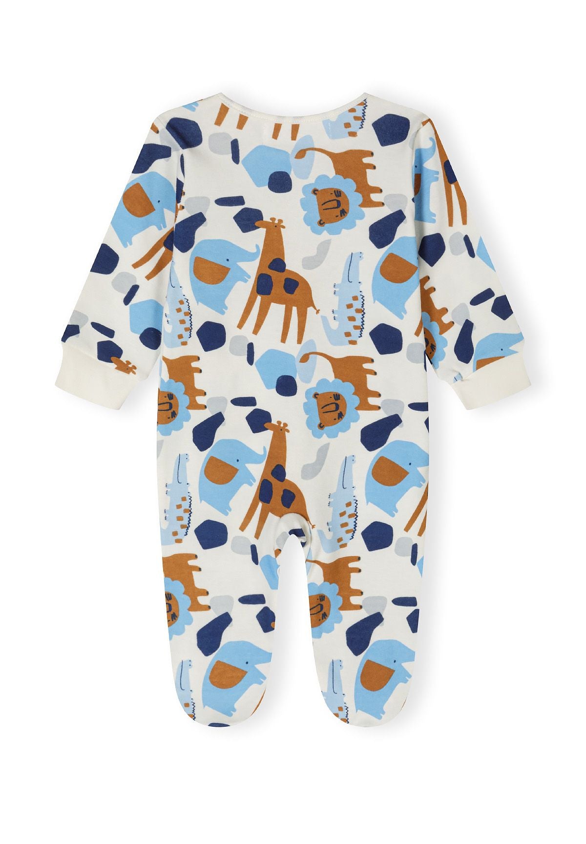 Back view of a boys' long-sleeve sleepsuit with animal print and integrated feet.