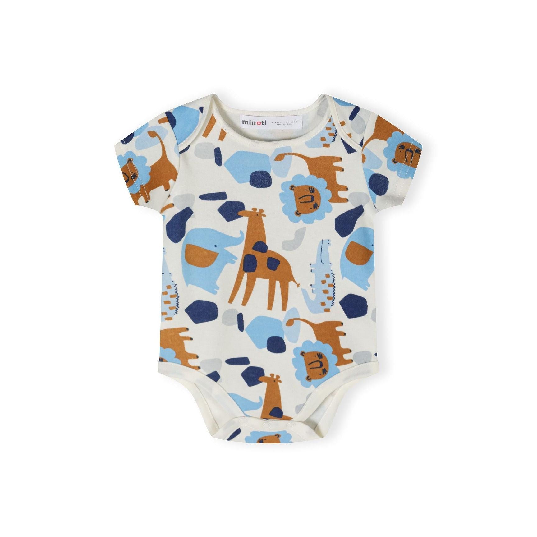 Close-up view of cream bodysuit with all-over safari animal print featuring elephants, giraffes, lions and abstract shapes in blue and orange colors