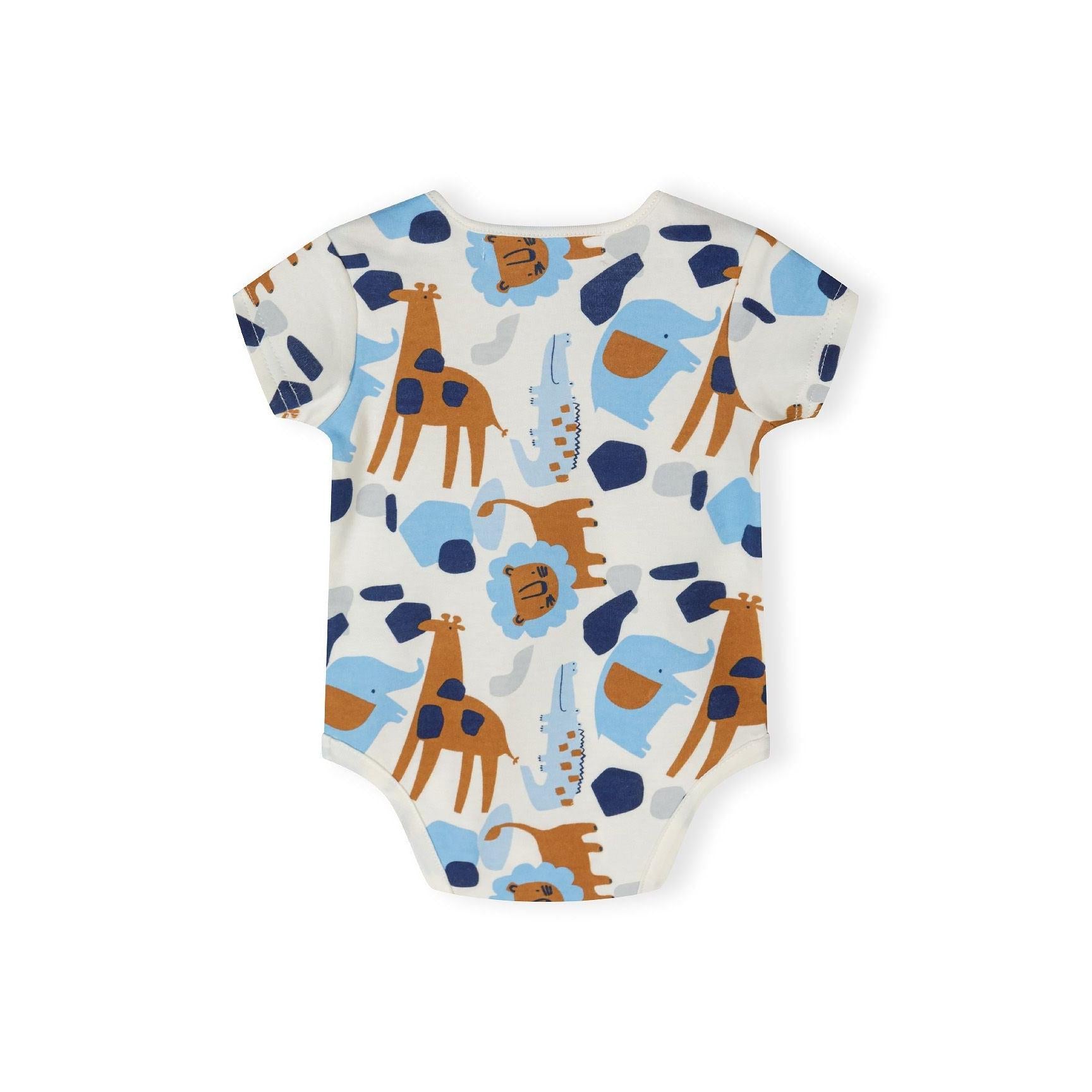 Detail shot of light blue bodysuit showing navy lion face graphic with radiating mane design and Minoti label visible at neckline