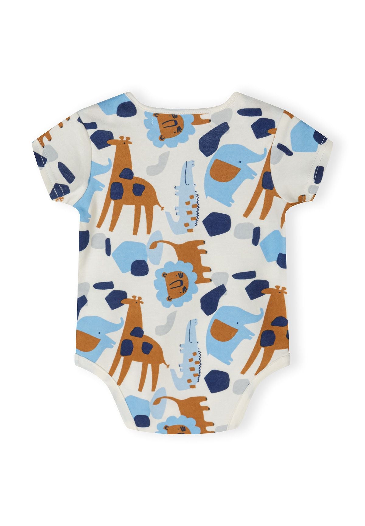 Boys short sleeve bodysuit in light blue with animal print, back view.