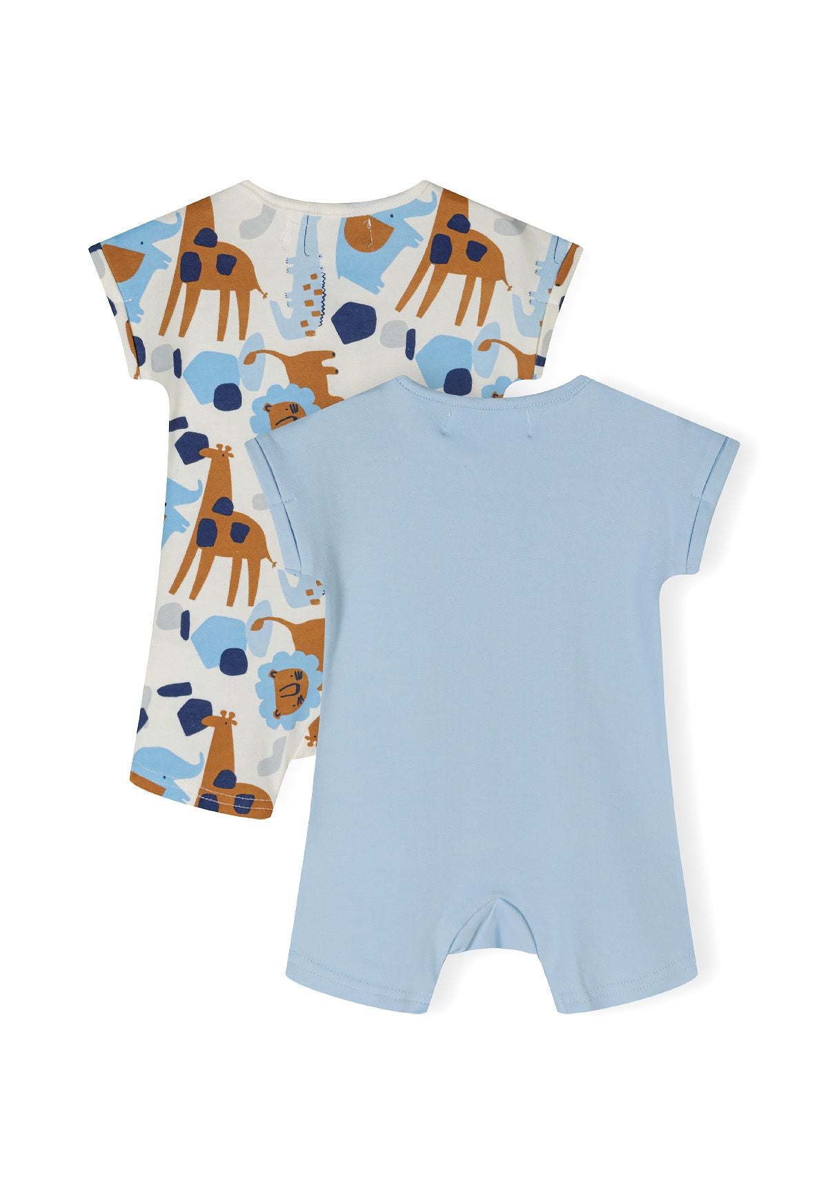Two baby boys short sleeve rompers, one light blue and one with colorful animal patterns, back view.
