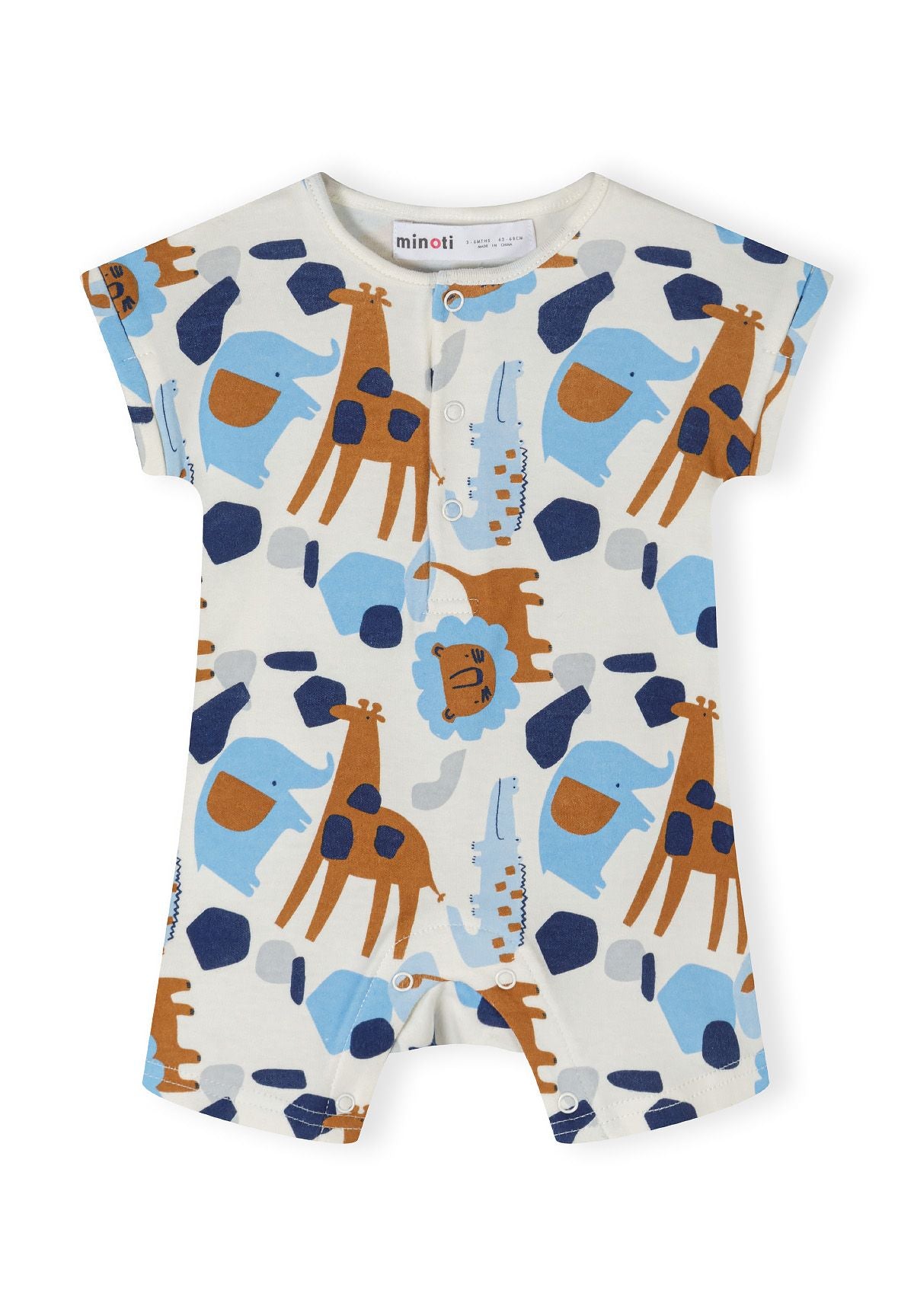 Boys short sleeve romper in light blue with colorful animal patterns, front view, snap button closure.