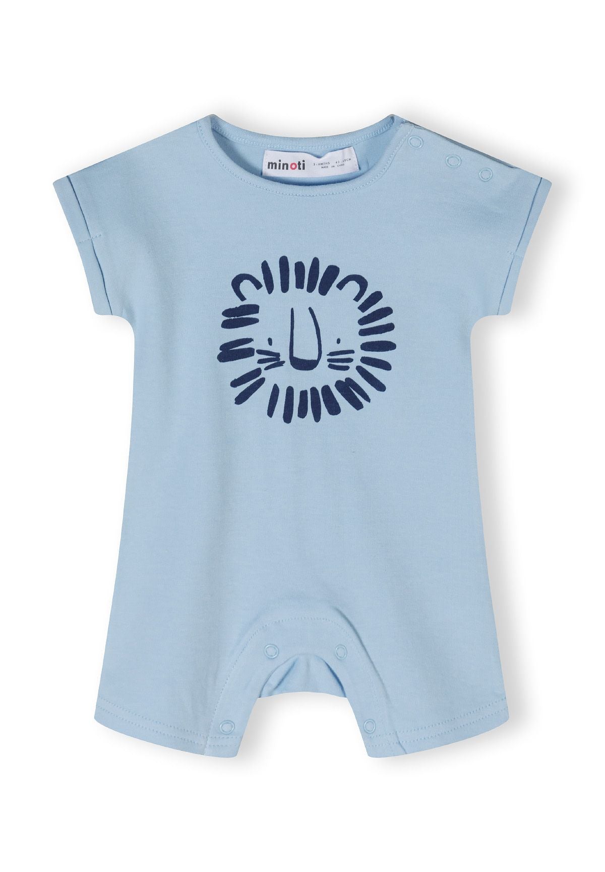 Light blue short sleeve romper for boys with lion print, front view.