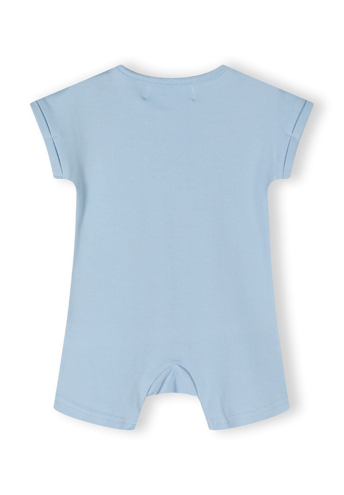 Back view of a light blue short sleeve romper for baby boys, featuring a simple design.