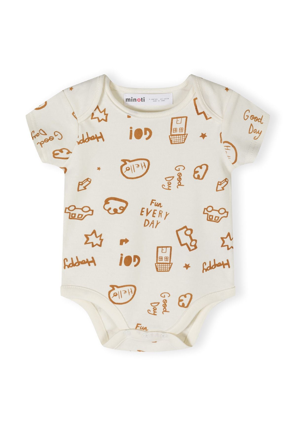 Light cream short sleeve bodysuit with playful prints and press studs at the crotch.