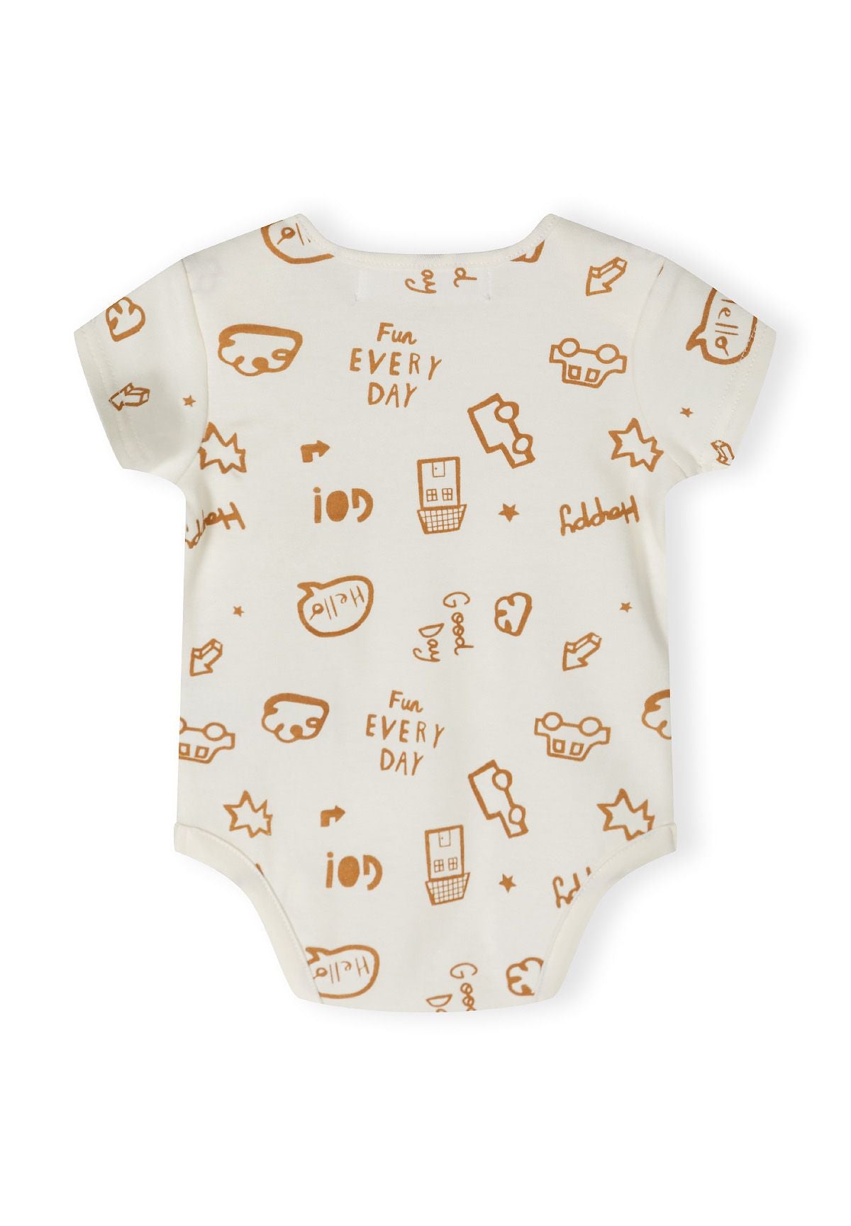 Light blue boys short sleeve bodysuit with playful prints, back view.