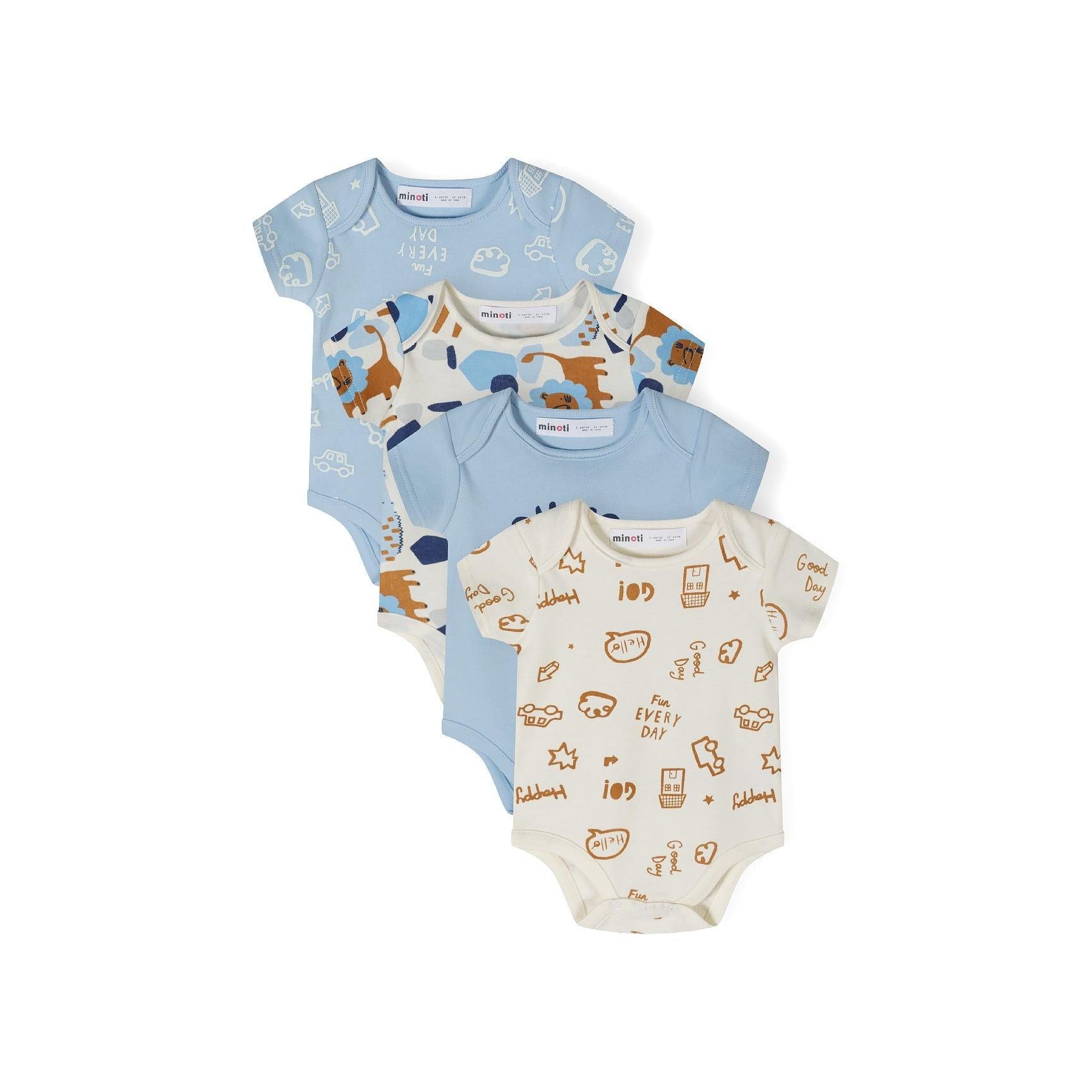 Four light blue baby bodysuits arranged in a fan display showing different prints including lion graphics and playful patterns on white background