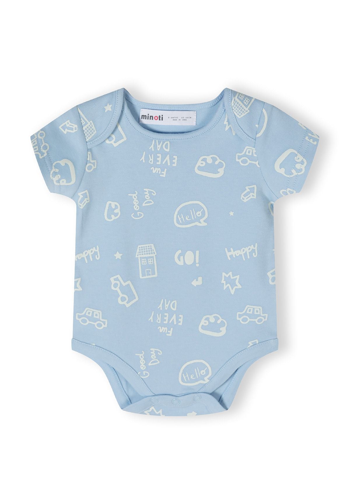 Light blue short sleeve bodysuit with press studs and playful print, front view.