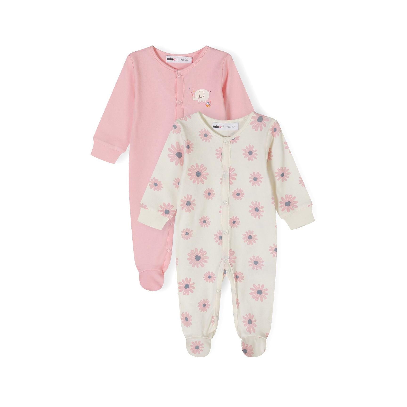 Back view of cream sleepsuit with pink daisy pattern showing full coverage design and long sleeves on white background