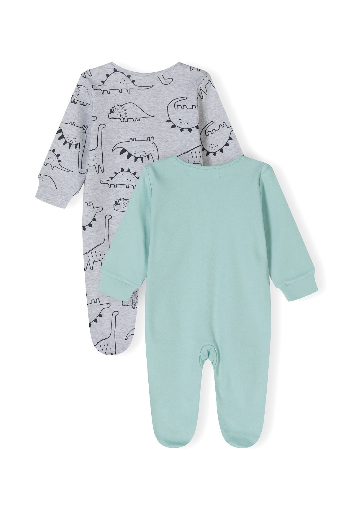 Grey marl and mint sleepsuits, both backs.