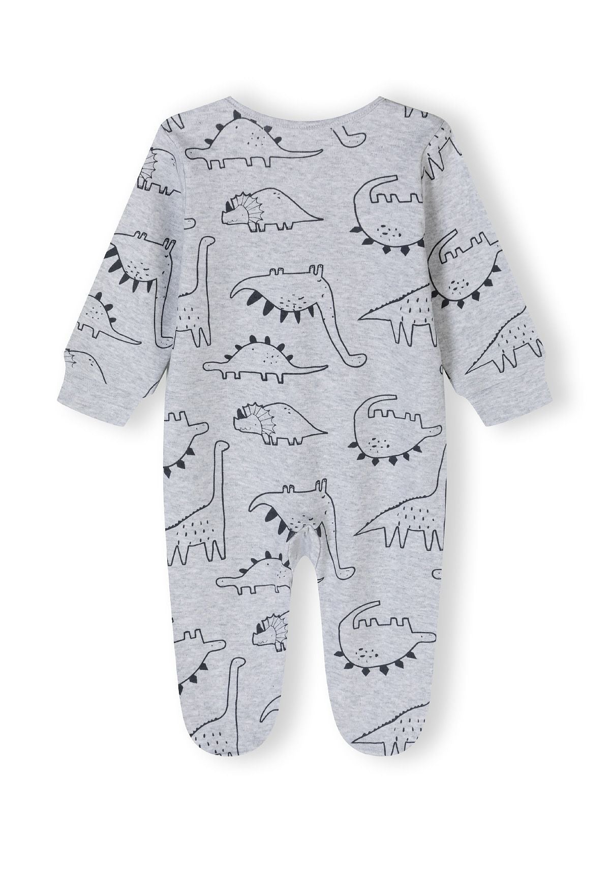 Back view of grey long-sleeved sleepsuit for boys with dinosaur print.