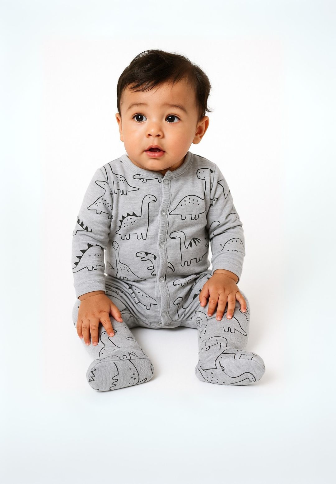 Grey marl and mint sleepsuits, grey worn.