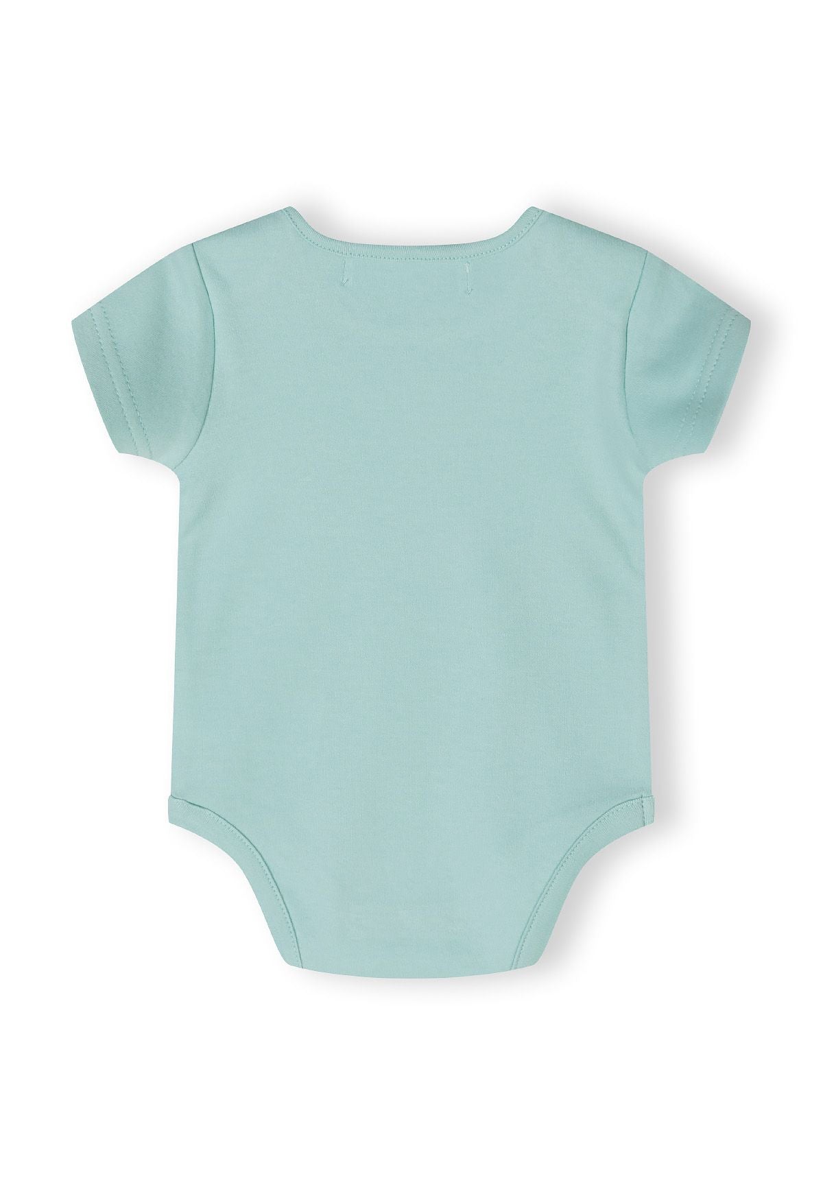 Detail of a boys' short sleeve bodysuit in light blue with envelope shoulders and press-stud fastening.