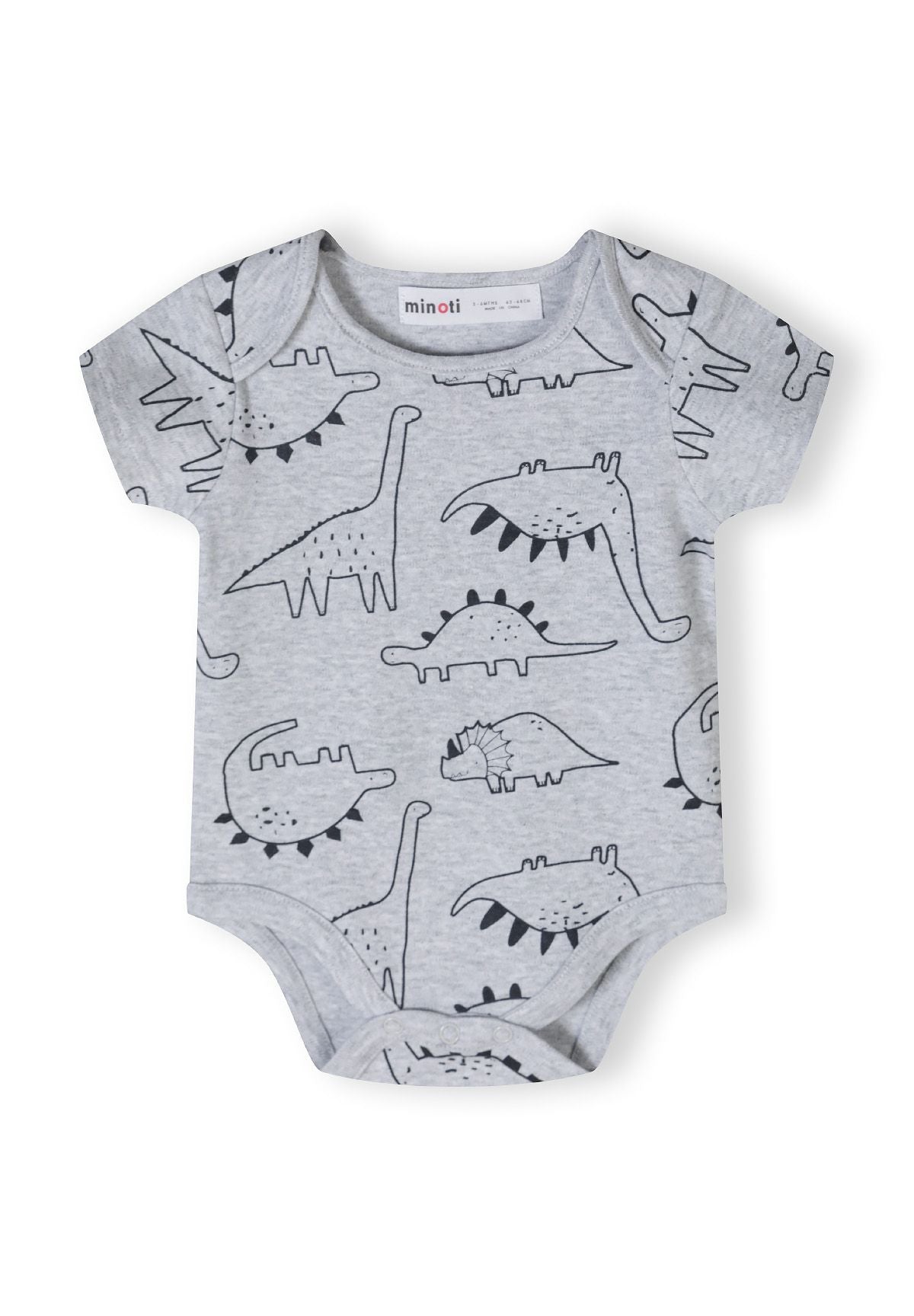 Boys short sleeve bodysuit in grey with dinosaur prints, front view, envelope shoulders.