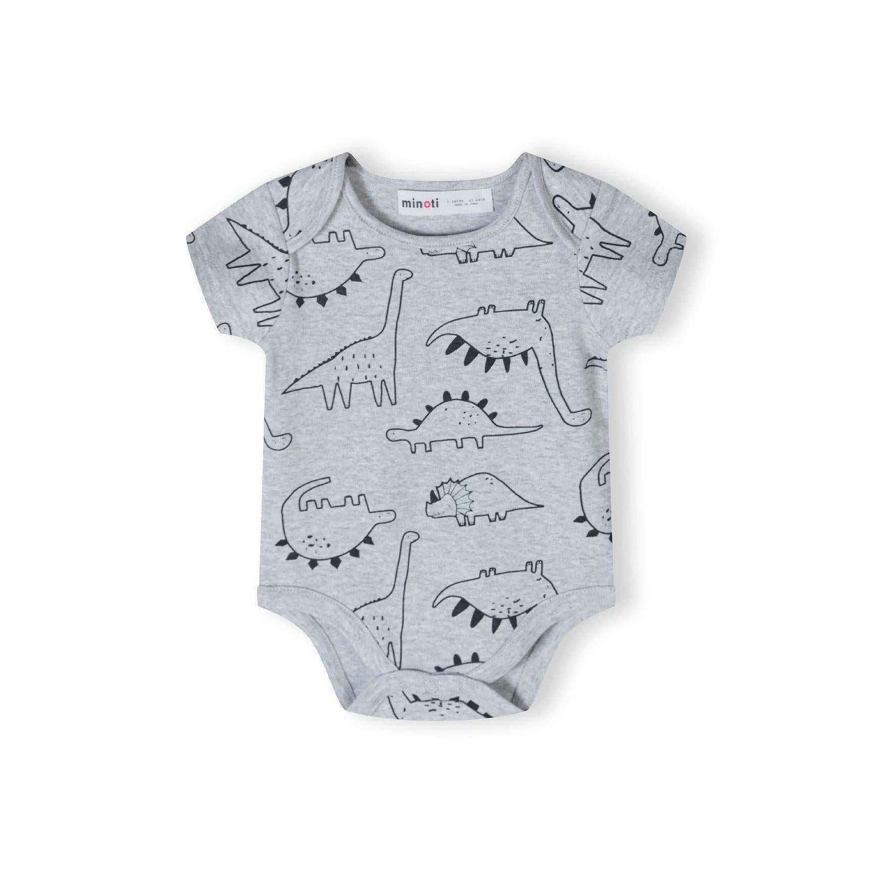 Back view of grey marled bodysuit laid flat showing all-over dinosaur pattern with various dinosaur species in black line art on light grey background