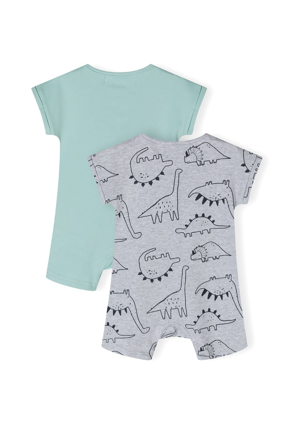 Mint and grey marl rompers, both backs.