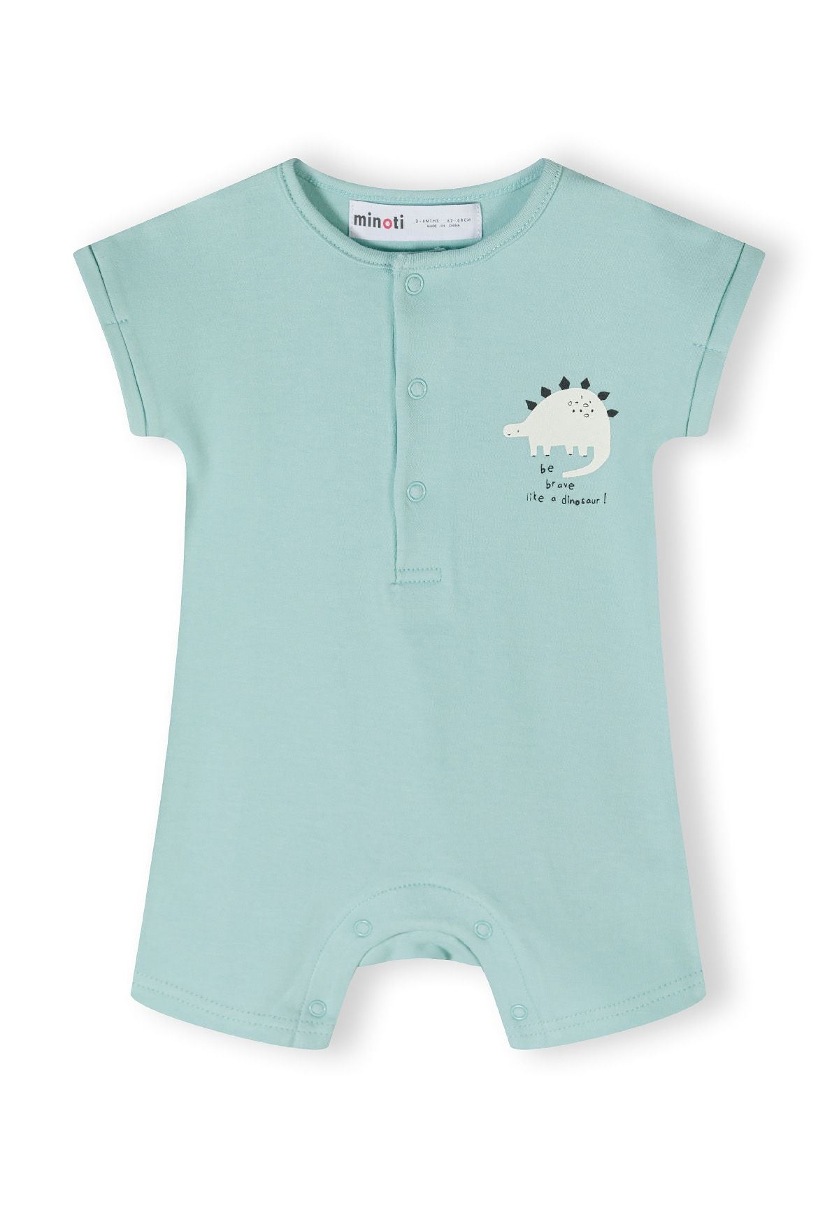 Boys short sleeve romper in light blue with dinosaur print, front view.