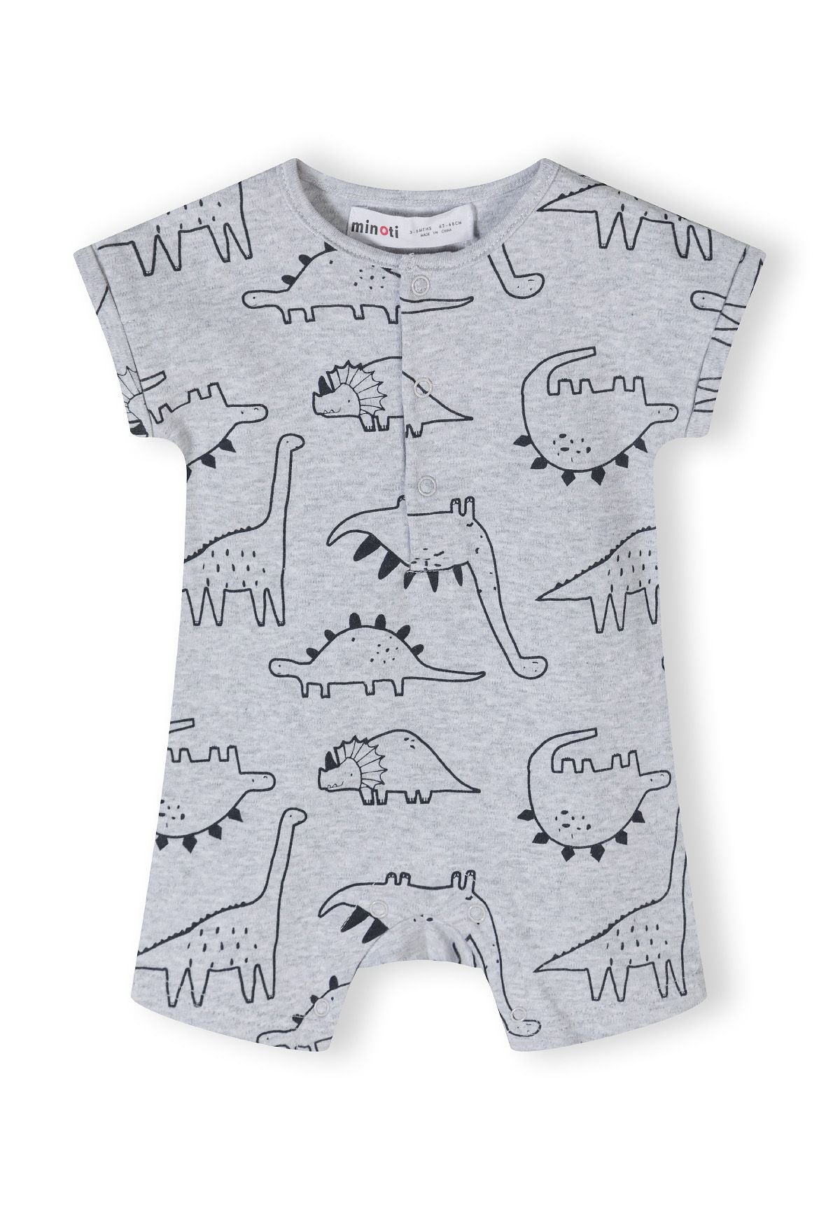 Boys short sleeve romper in grey with dinosaur pattern, front view, featuring press stud fastenings.