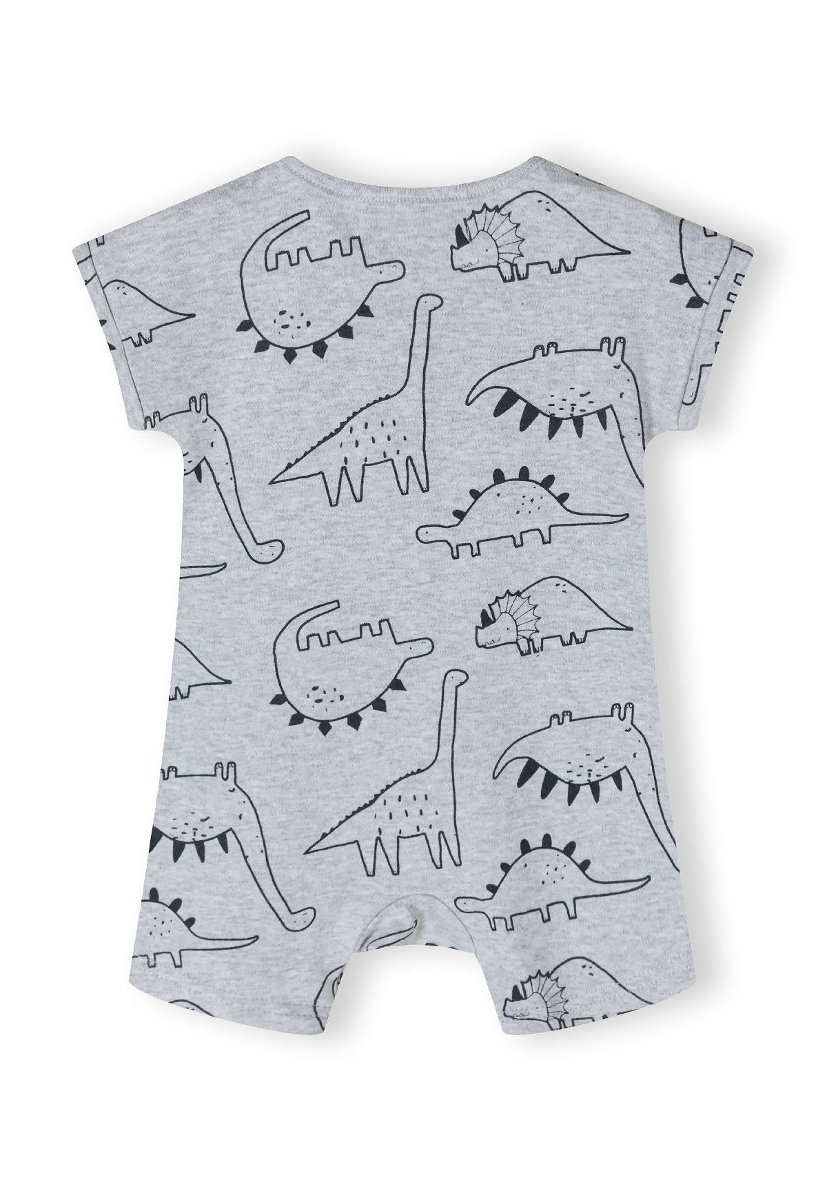 Boys short sleeve romper in grey with dinosaur pattern, back view.