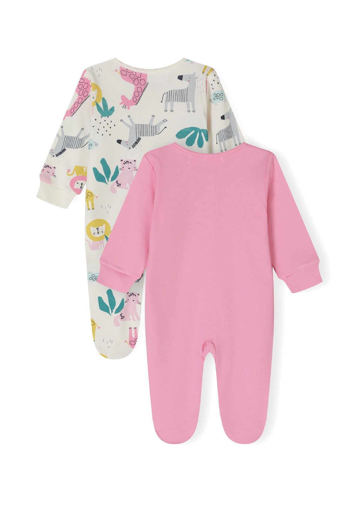Girls' 2 pack longsleeve pyjama sets, one with animal prints, the other in pink, back view.