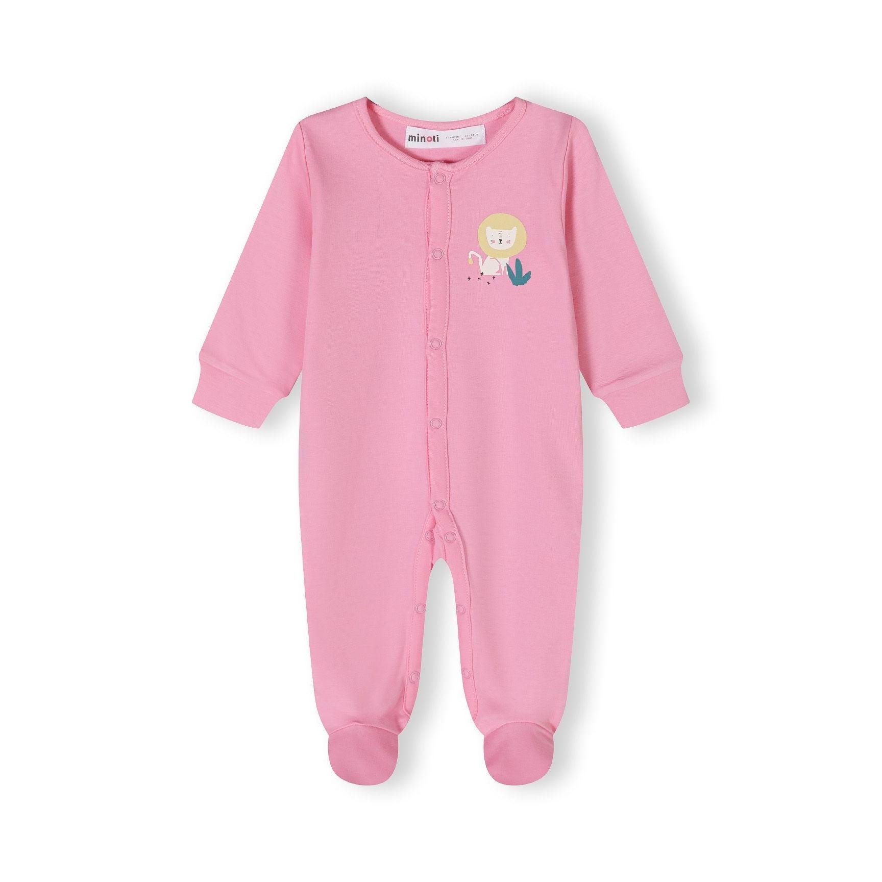 Pink baby sleepsuit laid flat showing lion character and snap button closure