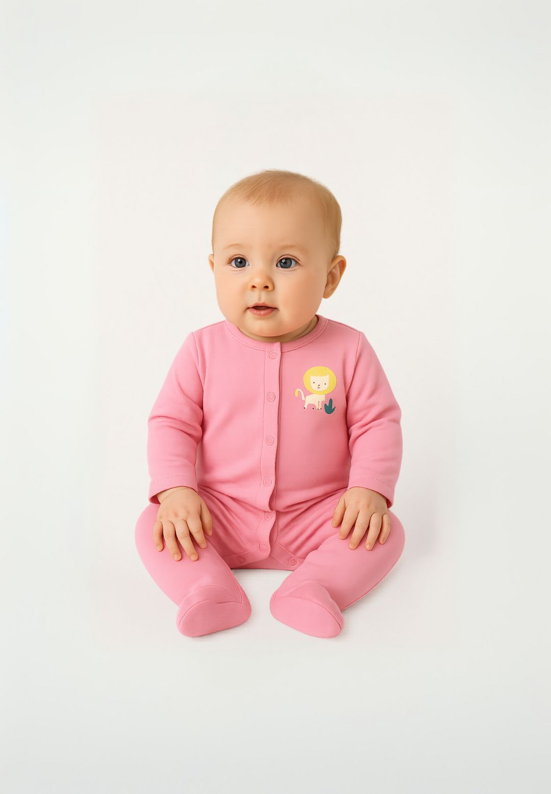 Cream and pink sleepsuits, pink worn.
