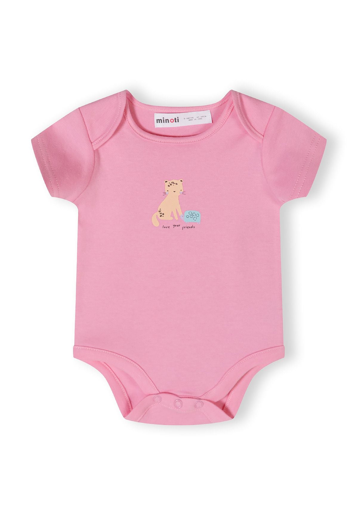 Pink and cream short-sleeved bodysuits, pink graphic front.