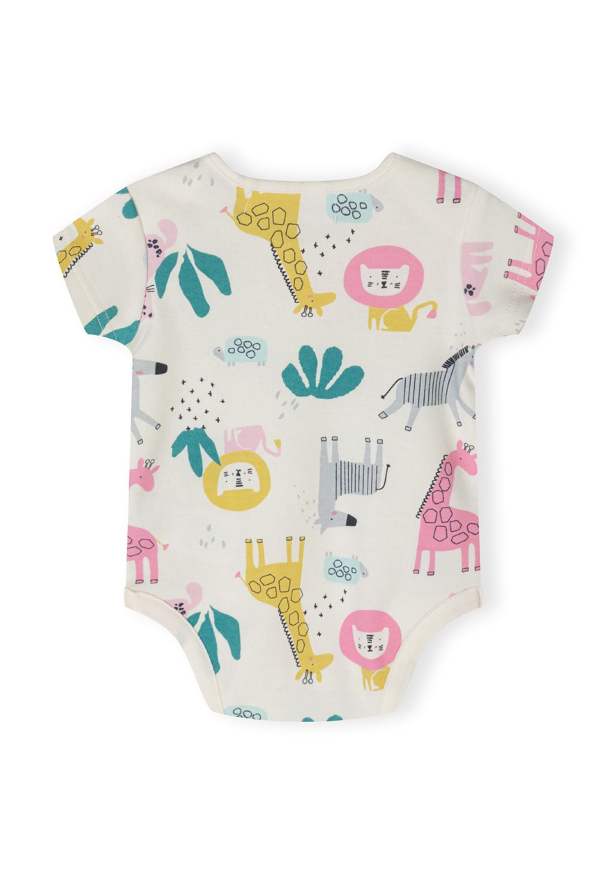 Girls short sleeve bodysuit in a playful animal print, back view.