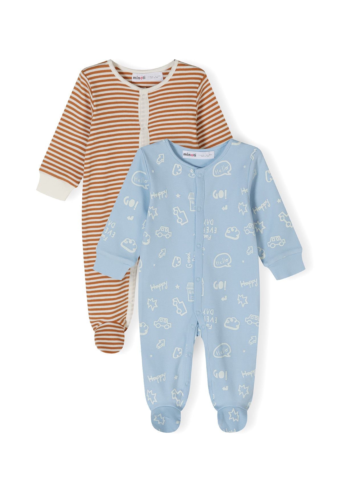 Brown, cream and light blue sleepsuits, both fronts.