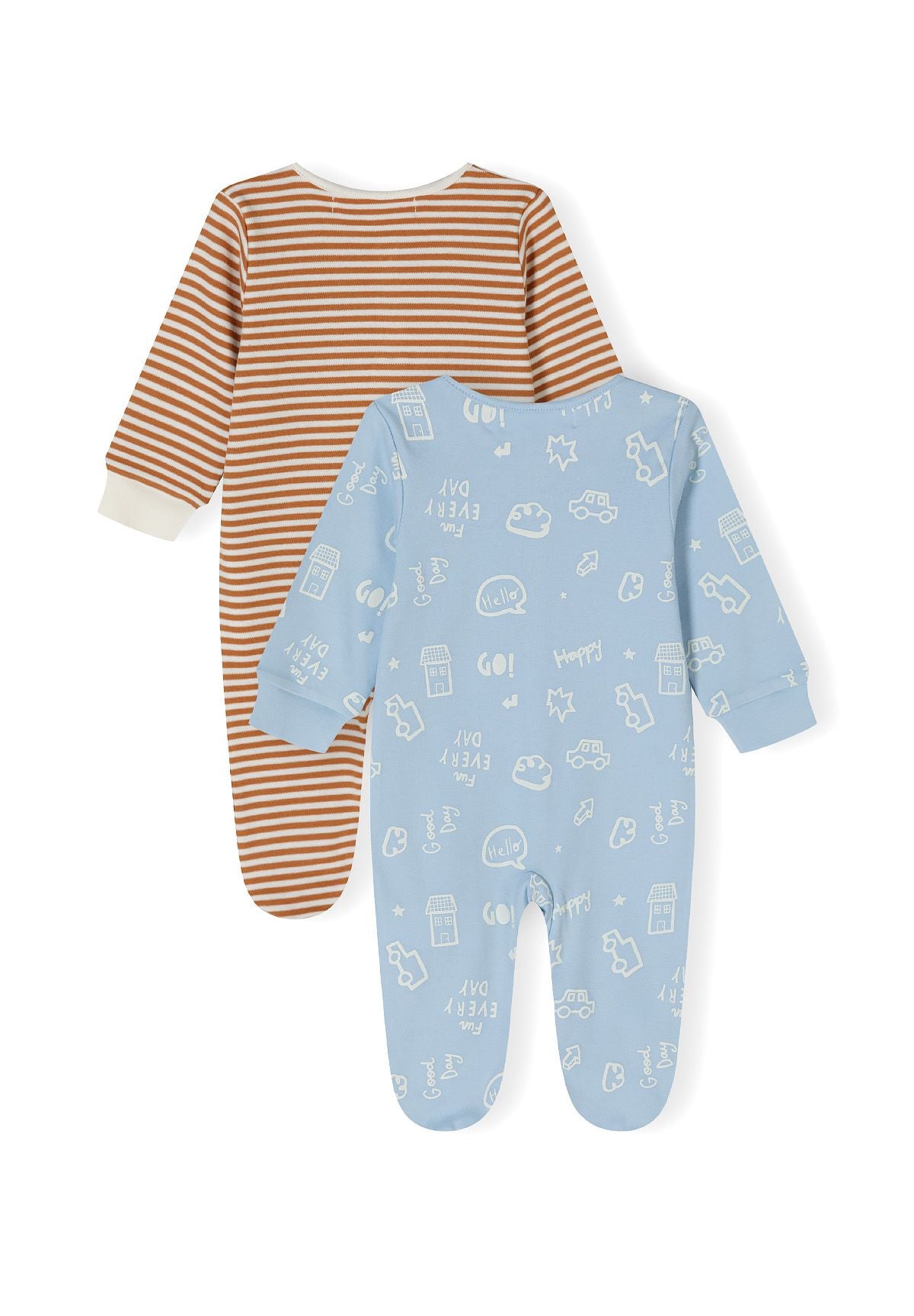 Brown, cream and light blue sleepsuits, both backs.