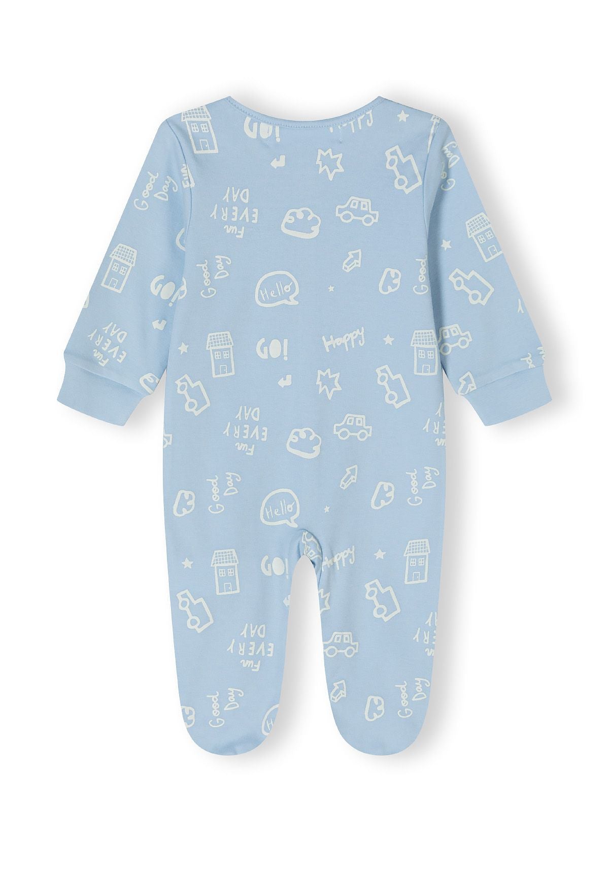 Boys sleepsuit in light blue with printed patterns, back view, footed style.