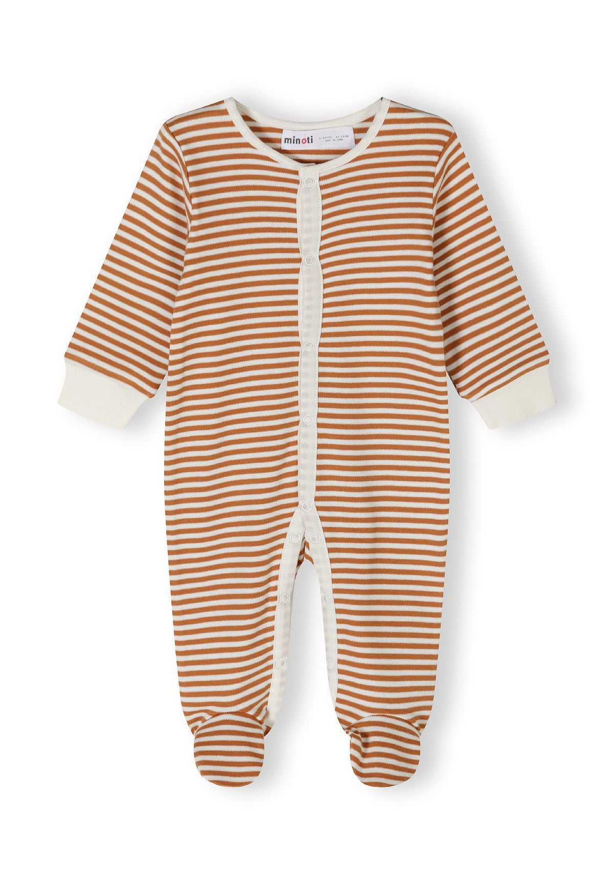 Beige striped boys sleepsuit with footed style, front view, featuring press studs and ribbed cuffs.