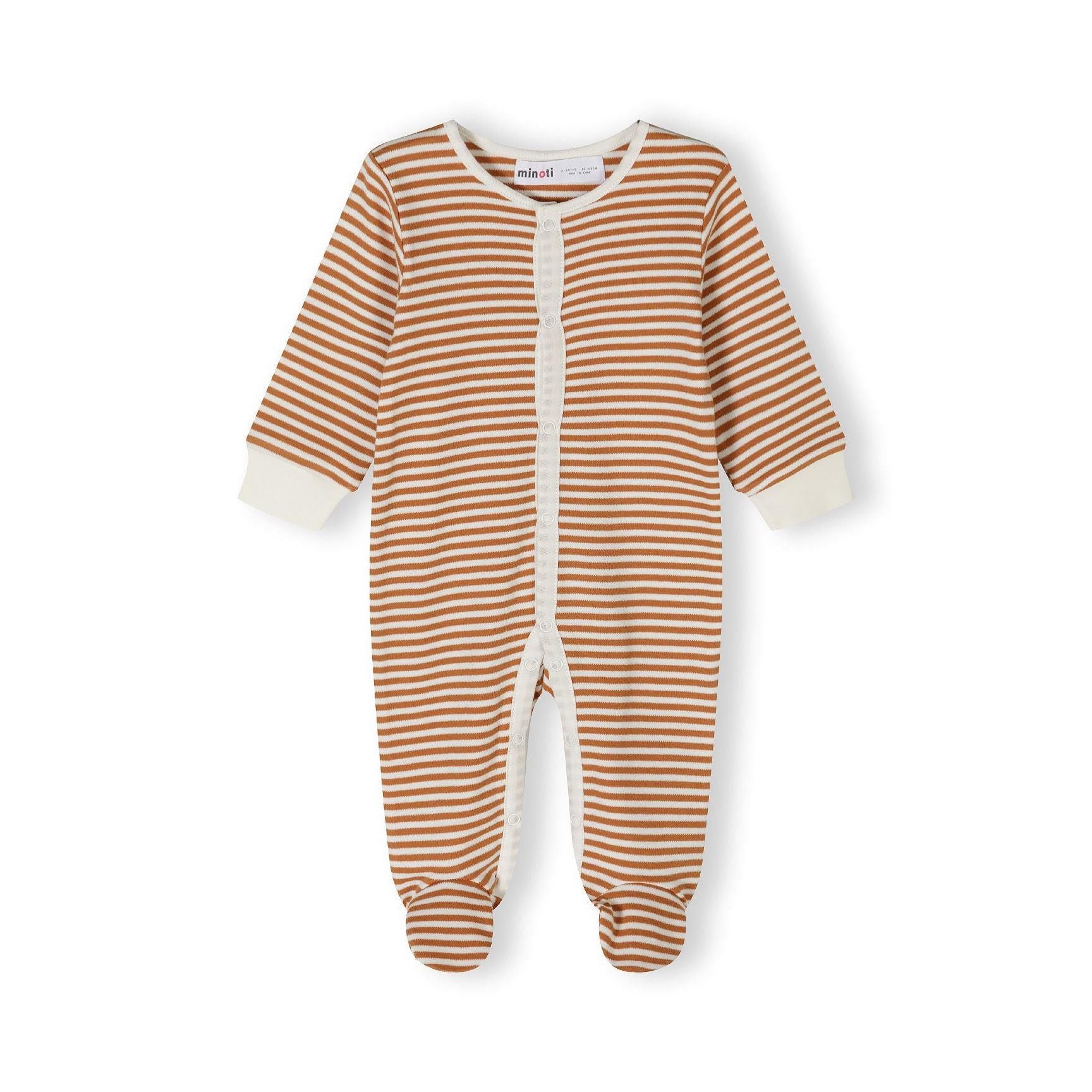 Brown and white striped baby sleepsuit with long sleeves laid flat on white background