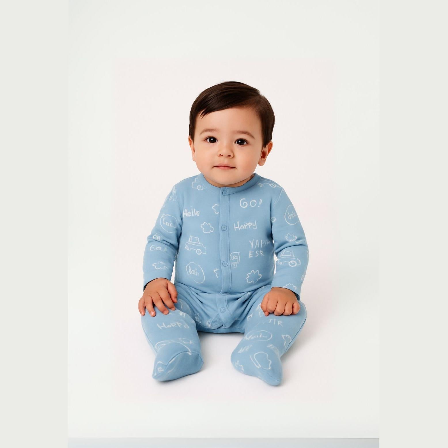 Baby wearing blue sleepsuit with white text print sitting on white background