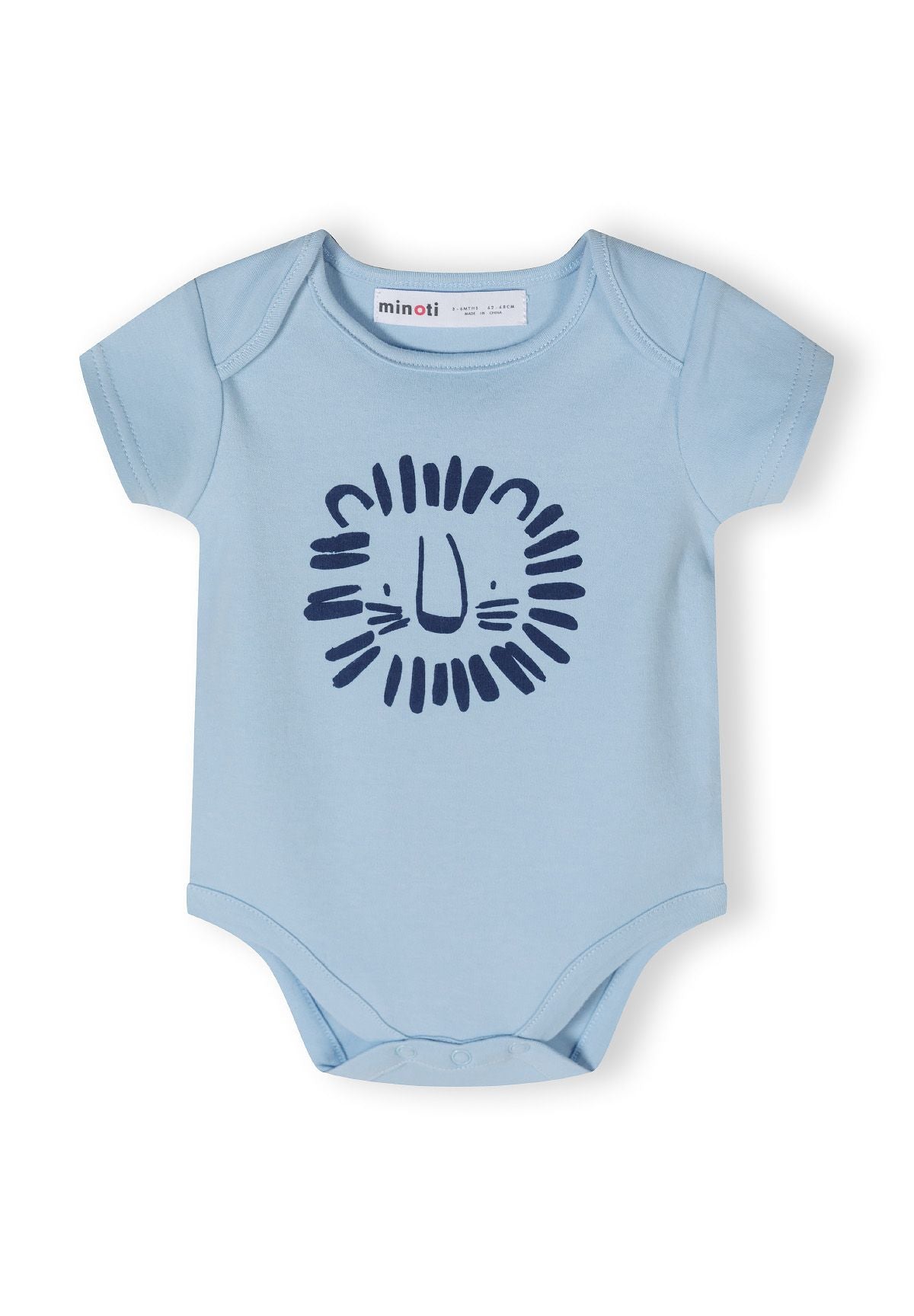 Light blue short sleeve bodysuit with lion print, front view.