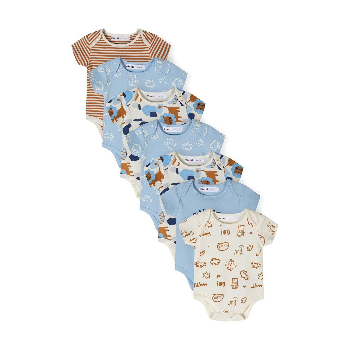 Baby short-sleeved bodysuits 7-pack in light blue, cream and brown — complete product view for square Shop card