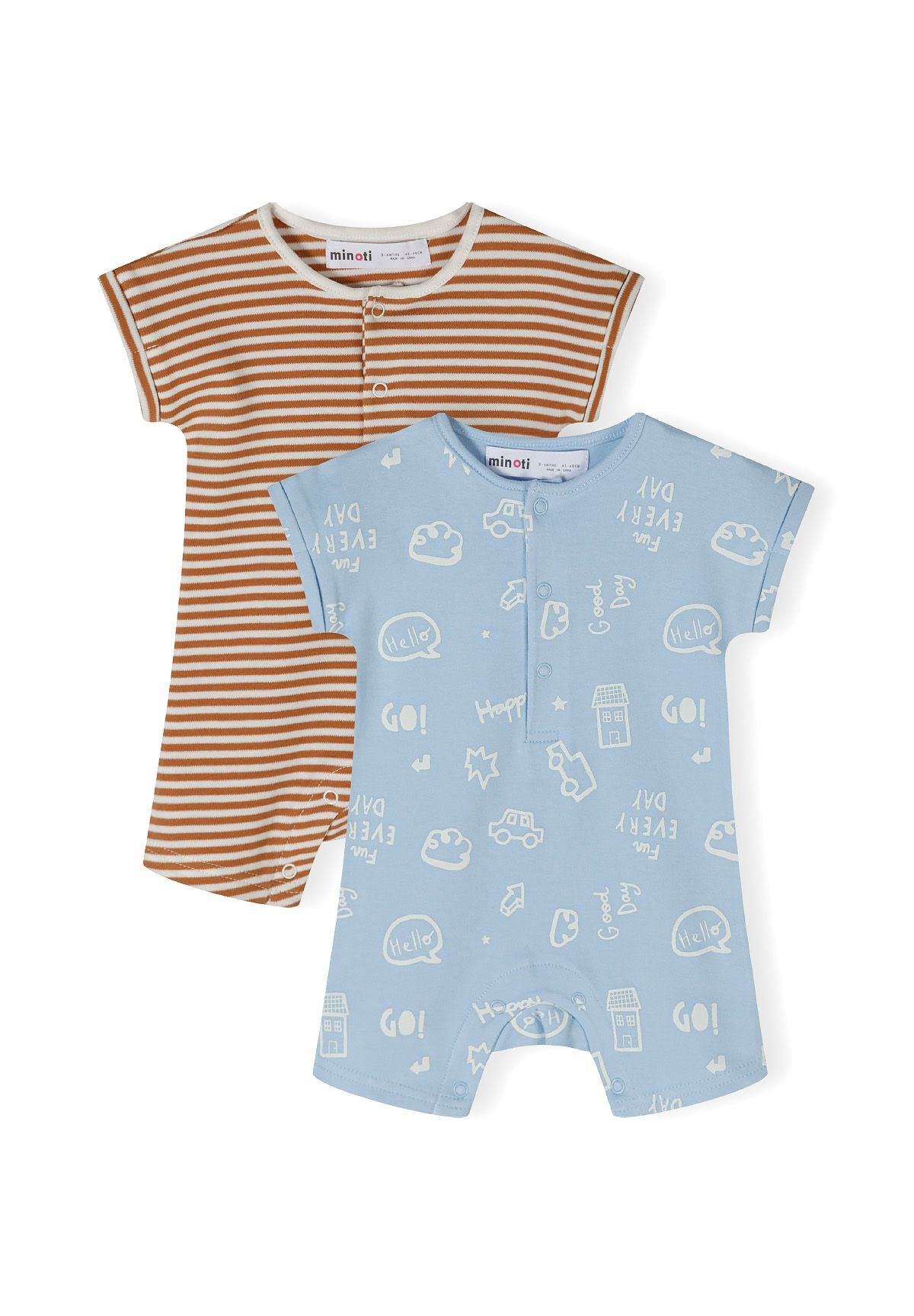 Boys short sleeve rompers in beige and blue with prints, front view, featuring buttons.