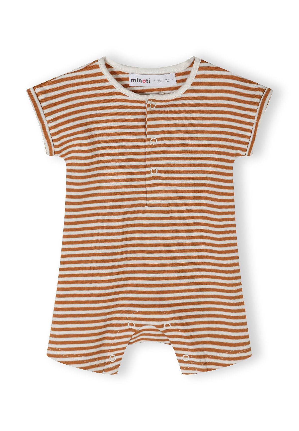 Boys short sleeve romper in beige with striped pattern, front view, featuring press stud fastenings.