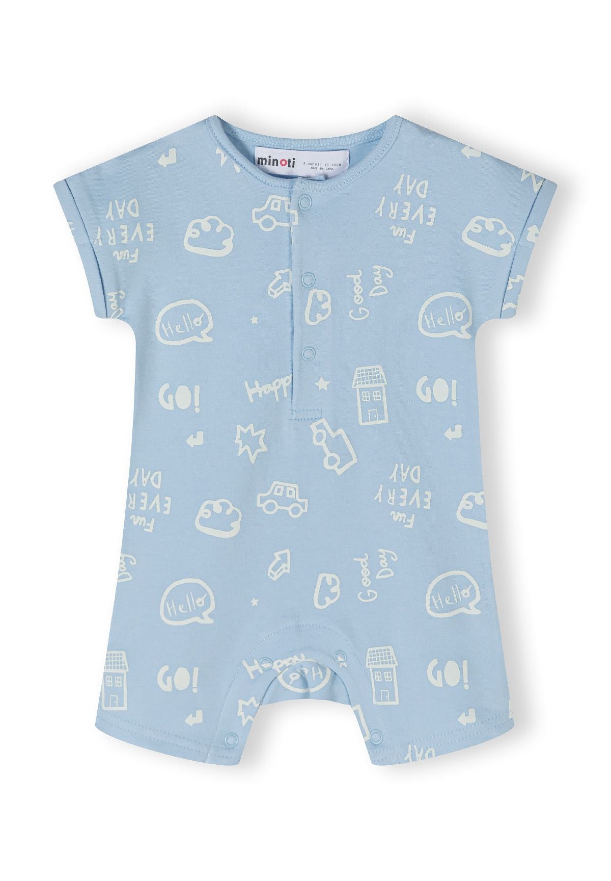 Boys short sleeve romper in light blue with playful prints, front view, featuring press stud fastenings.