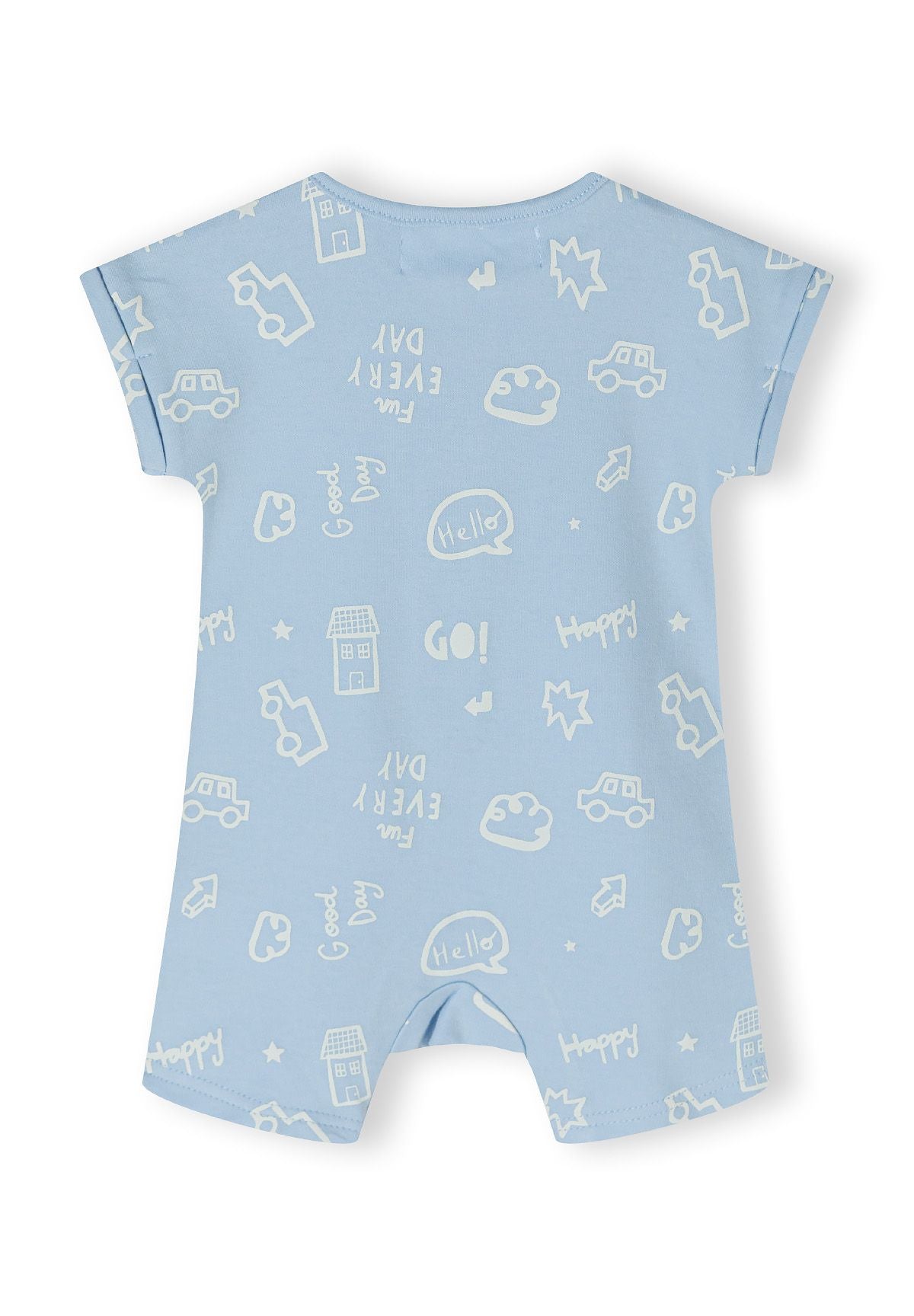 Boys short sleeve romper in light blue with playful prints, back view.