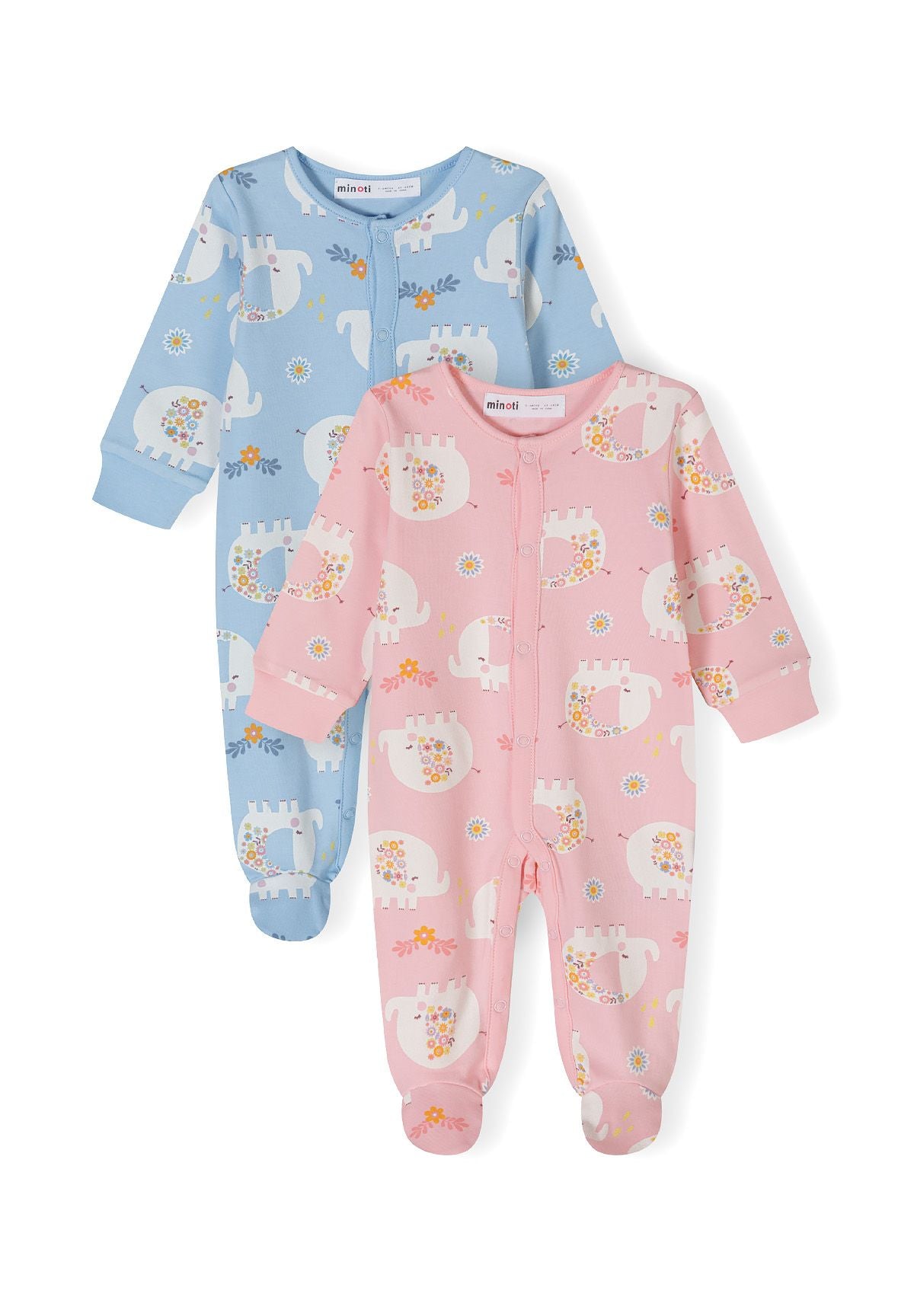 Blue and pink sleepsuits, both fronts.
