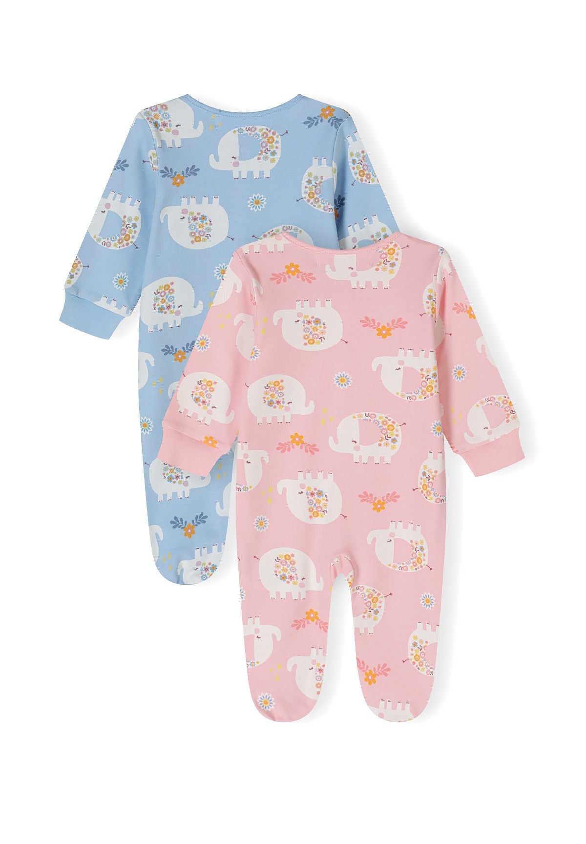 Two long sleeve sleepsuits in light blue and pink with elephant print, back view.