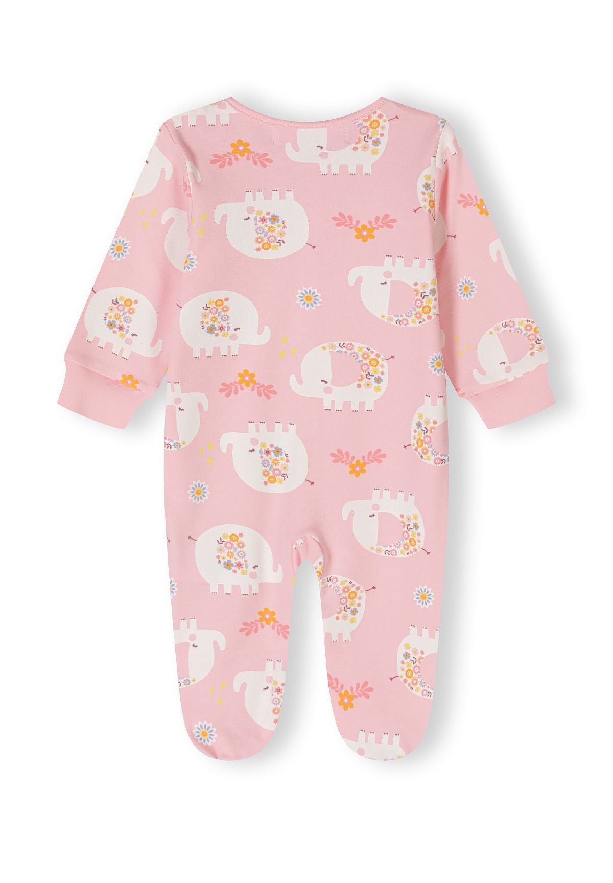Back view of a pink long sleeve sleepsuit with elephant and floral print, integrated feet.