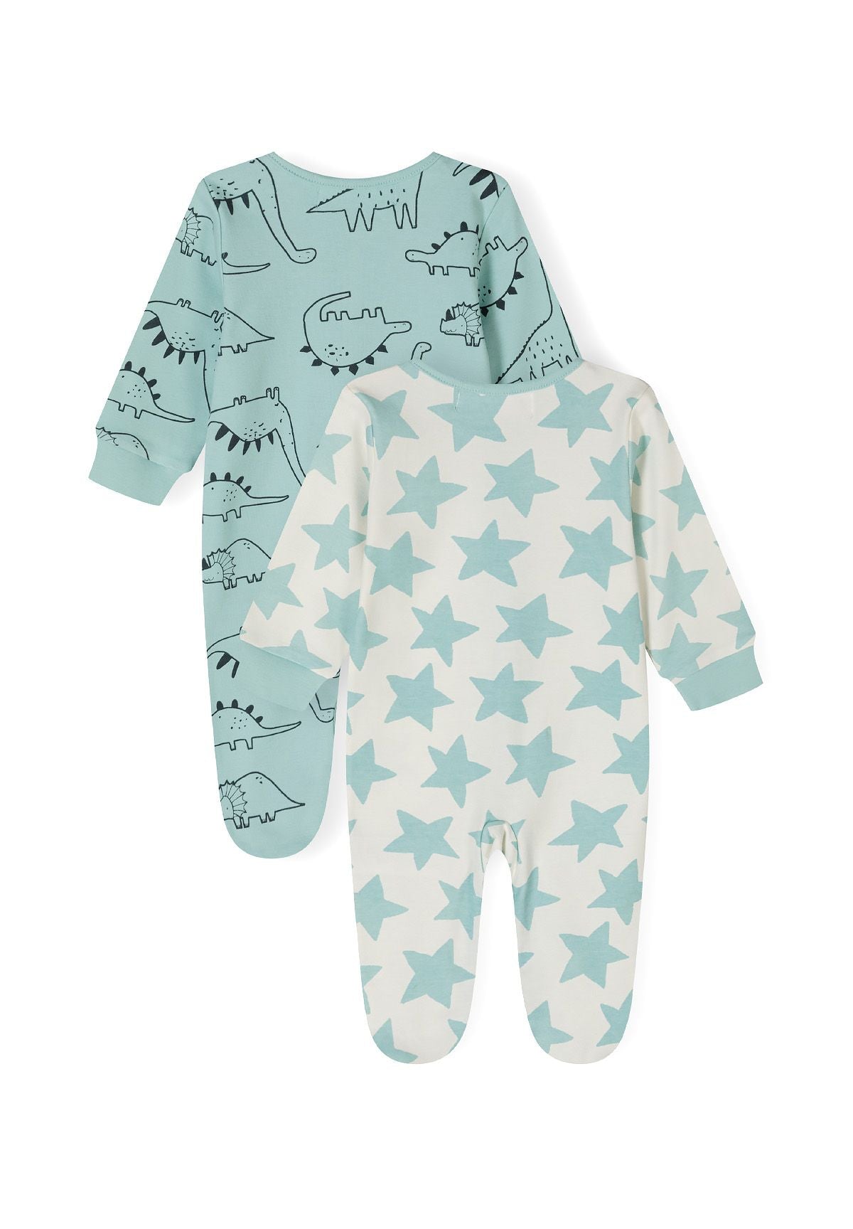 Mint and cream sleepsuits, both backs.
