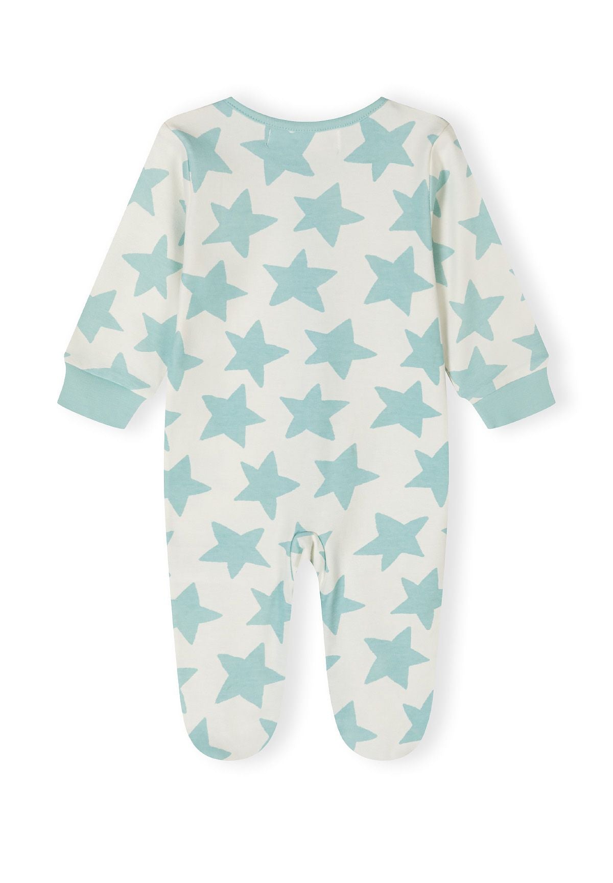 Back view of boys' long sleeve sleepsuit with footed legs and star pattern.