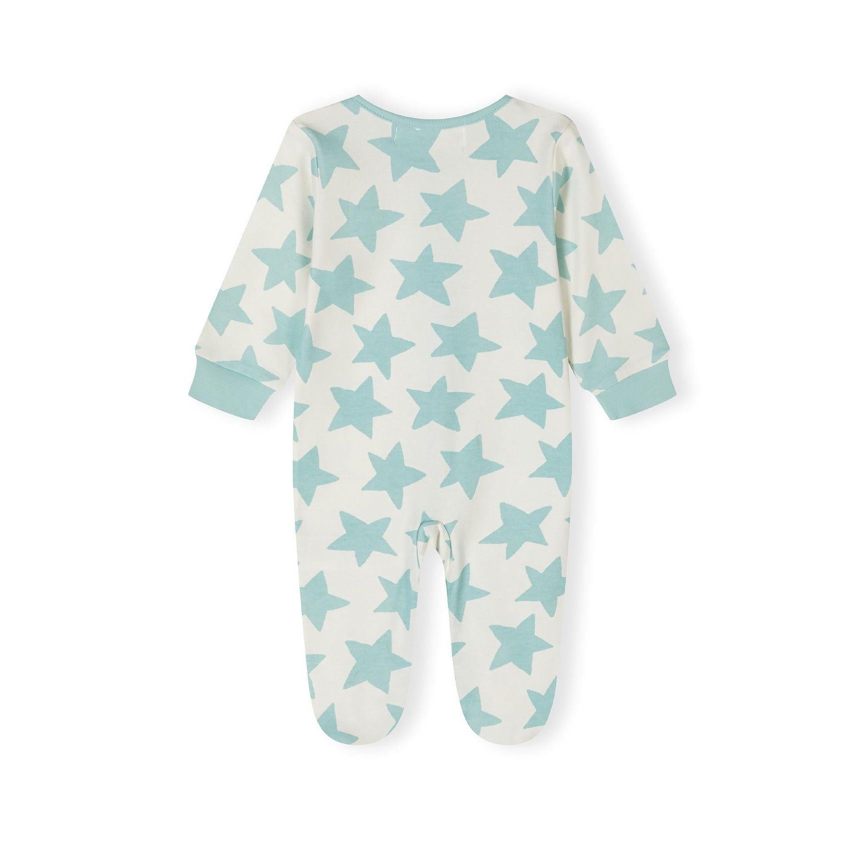 Close-up detail of mint sleepsuit with black dinosaur print pattern and snap button closure