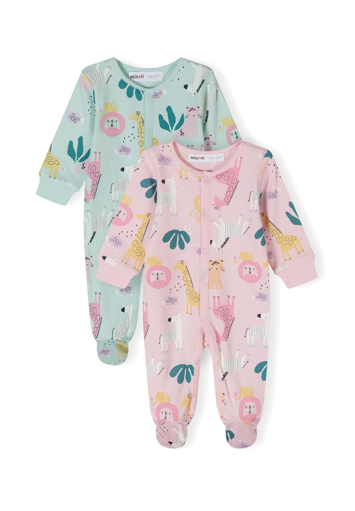 Mint and pink sleepsuits, both fronts.