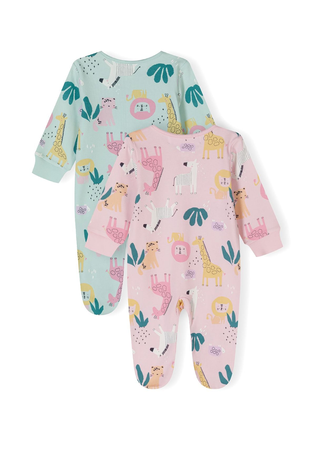 Mint and pink sleepsuits, both backs.